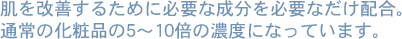 肌を改善するために必要な成分を必要なだけ配合。通常の化粧品の5～10倍の濃度になっています。